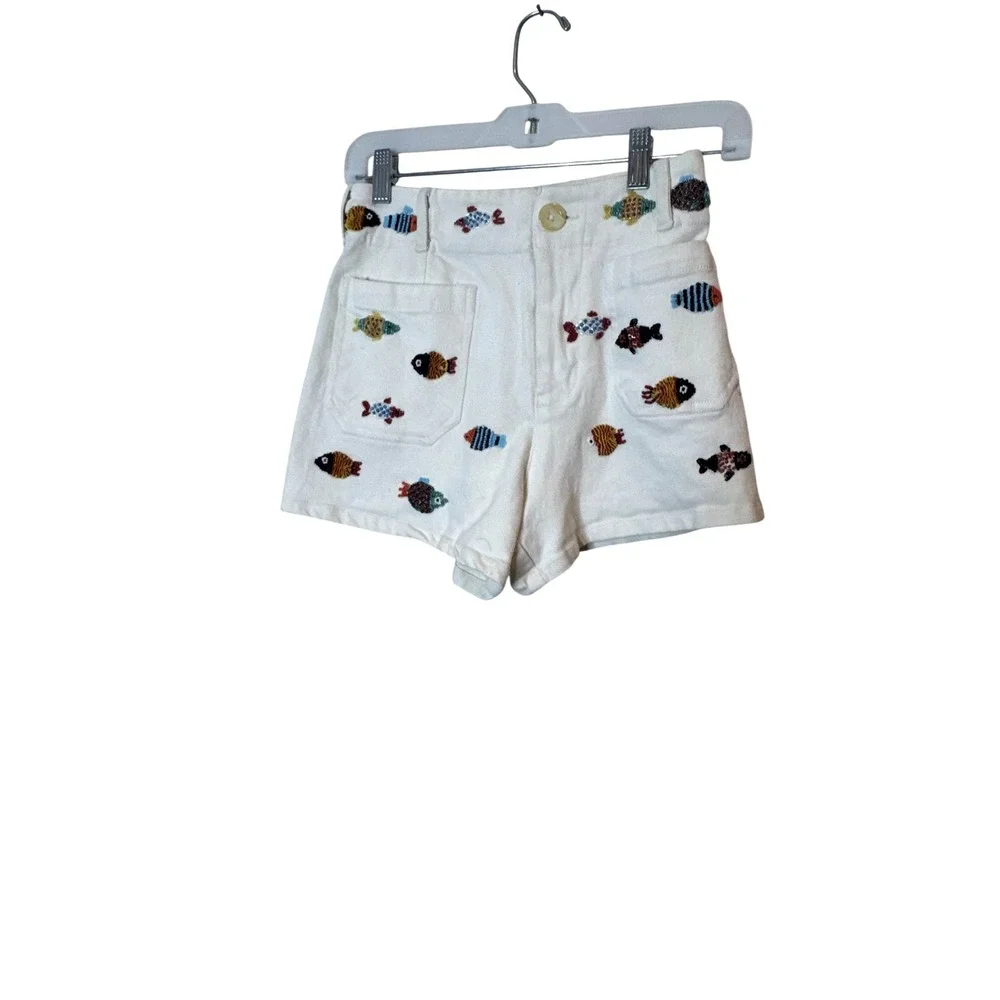 Maeve Colette Shorts Womens 25 White Denim Beaded Fish Embroidered Nautical